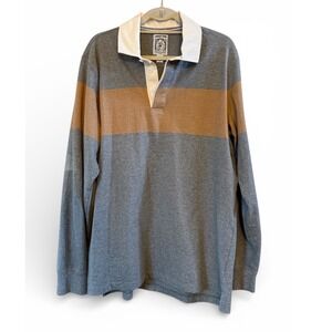 Vintage Men's Lands' End Gray and Tan 100% Cotton Large Tall (LT) Rugby Shirt